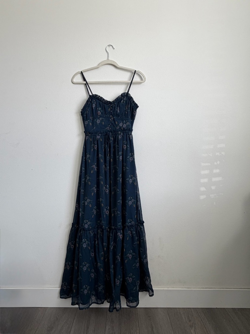 Floral Spaghetti-Strap Maxi Dress in Navy